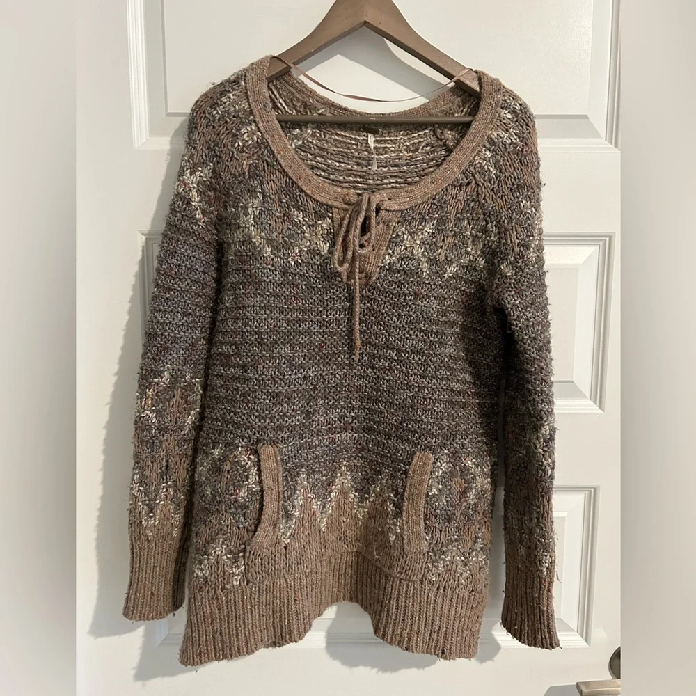 Free People Chunky Knit Sweater Gray Tan Size S - Picture 1 of 15